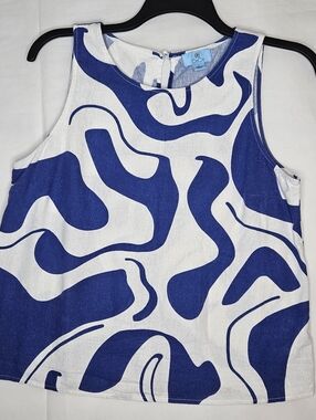 CeCe Women's Linen  Blend Sleeveless Top Size L White/Royal Blue Lava Lamp Print